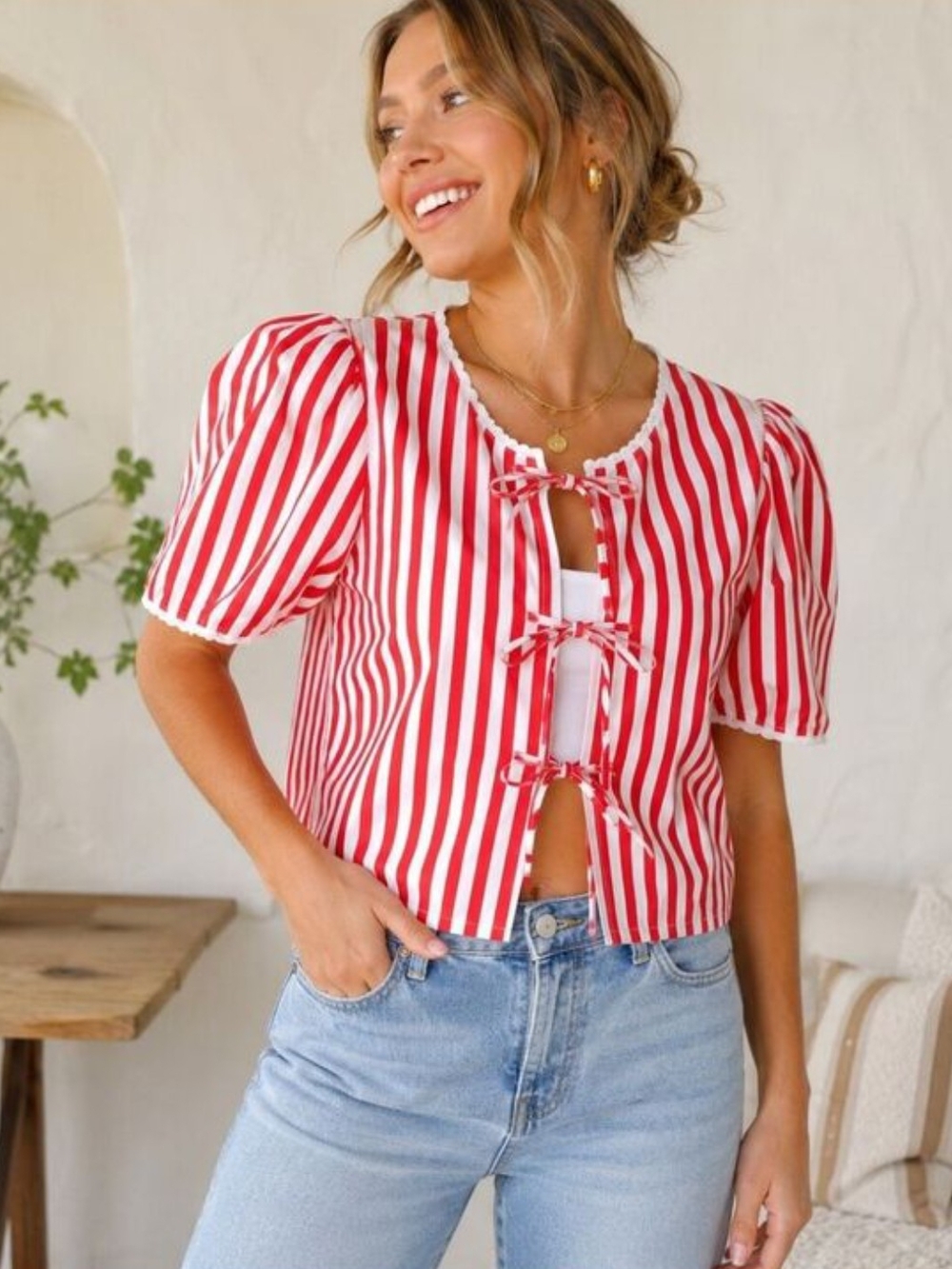 Red Striped Tie-Front Puff Sleeve Top - Women Brunette The Label Xs/Small Nwt
